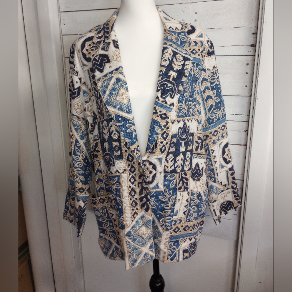 Briggs Womens 12P Blazer Jacket Multicolor Floral Geometric Buttons Pockets